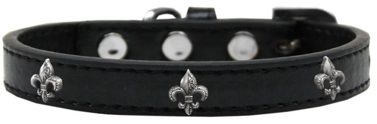 Silver Fleur De Lis Widget Dog Collar Black Size 10